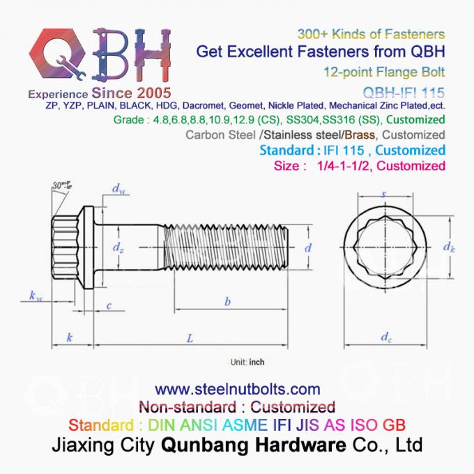 QBH IFI115 - 2002 Nhà máy điện tuabin khí Hàng không vũ trụ SS304 SS316 Đồng bằng 1/4 đến 1-1 / 2 inch Mặt bích 12 điểm 12 Spline Vít 0