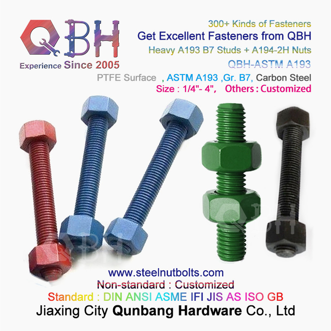 QBH PTFE 1070 Red / Blue / Black / Green Coated 1/4 "-4" ASTM A193 B7 Threaded Rod Stud Bolt with A194-2H Heavy Hex Nut 3
