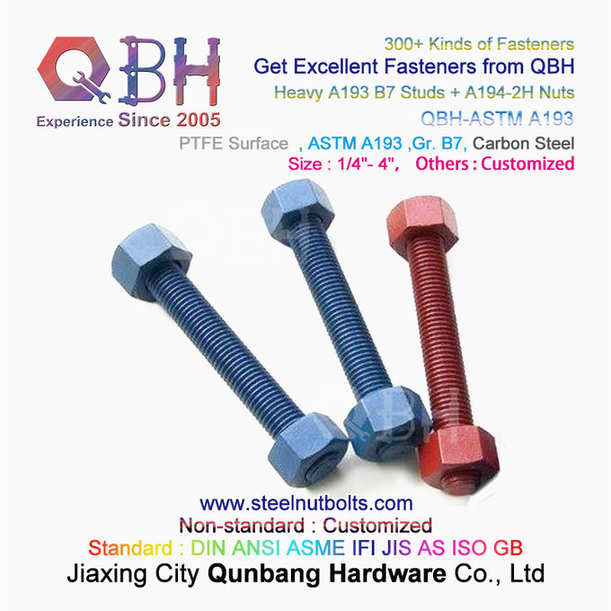 QBH PTFE 1070 Red / Blue / Black / Green Coated 1/4 "-4" ASTM A193 B7 Threaded Rod Stud Bolt with A194-2H Heavy Hex Nut 2