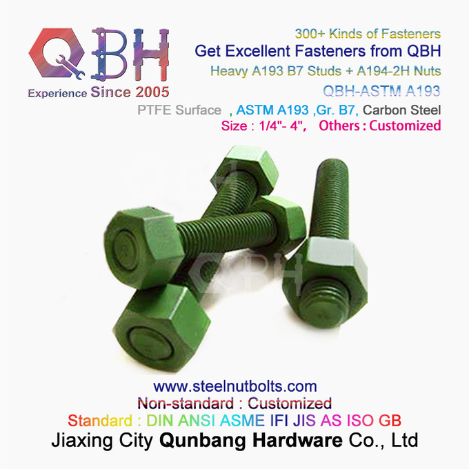 QBH PTFE 1070 Red / Blue / Black / Green Coated 1/4 "-4" ASTM A193 B7 Threaded Rod Stud Bolt with A194-2H Heavy Hex Nut 1