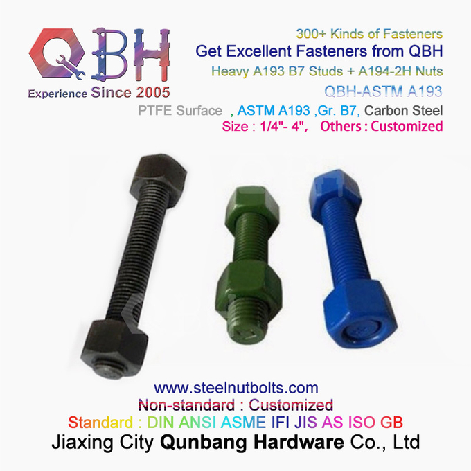 QBH PTFE 1070 Red / Blue / Black / Green Coated 1/4 "-4" ASTM A193 B7 Threaded Rod Stud Bolt with A194-2H Heavy Hex Nut 0